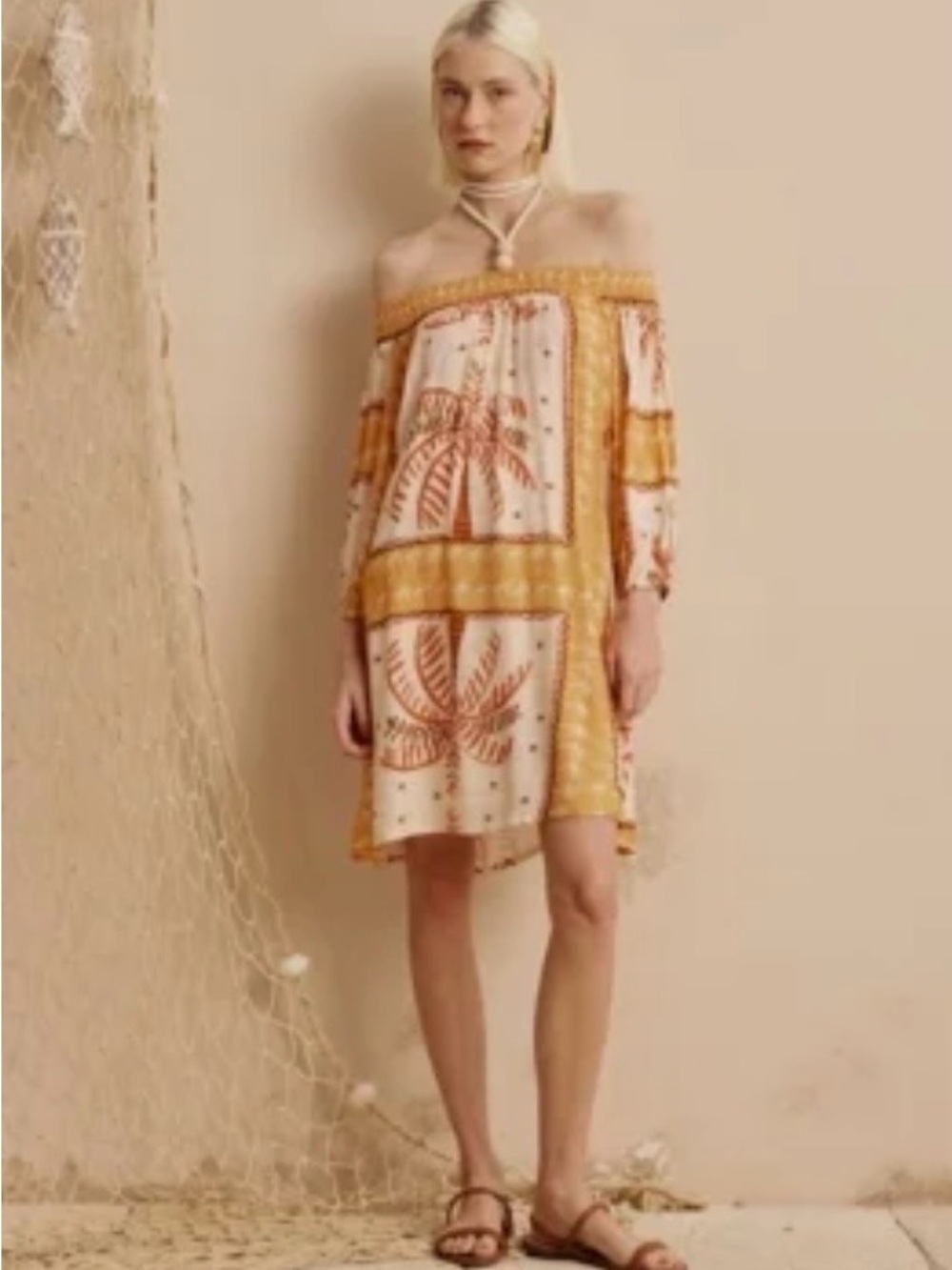Ca Cay Off-Shoulder Palm Print Summer Dress